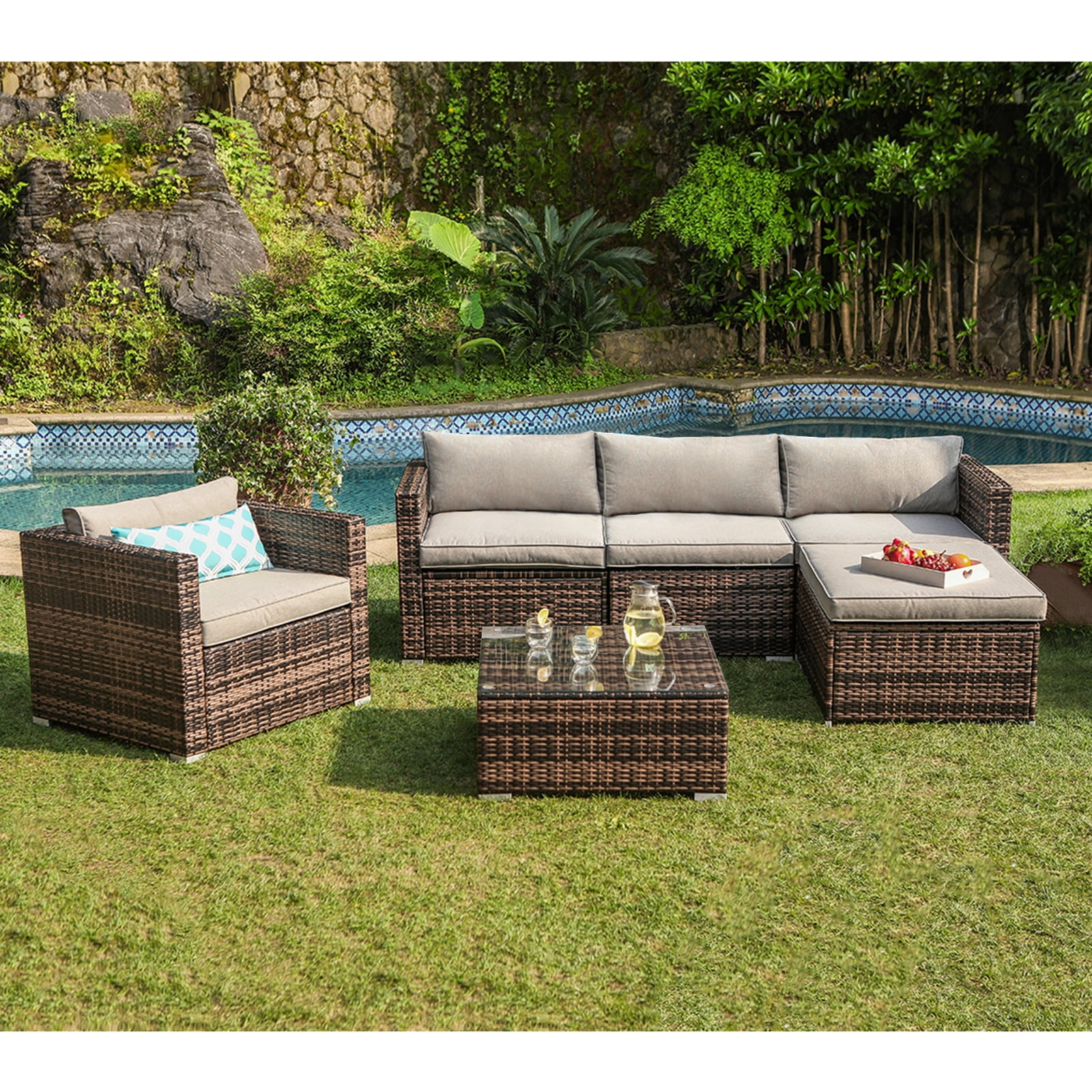 COSIEST 6-Piece Wicker Sectional Sofa Set w/ Coffee Table,Outdoor Patio Furniture in Brown